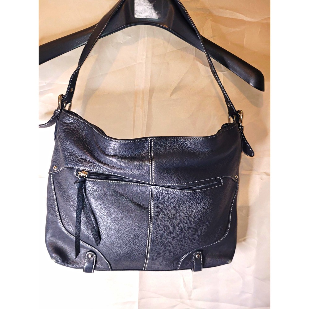 Tignanello Black Pebbled Shoulder Bag, Zip Closure, Beige Lined, Silver HW